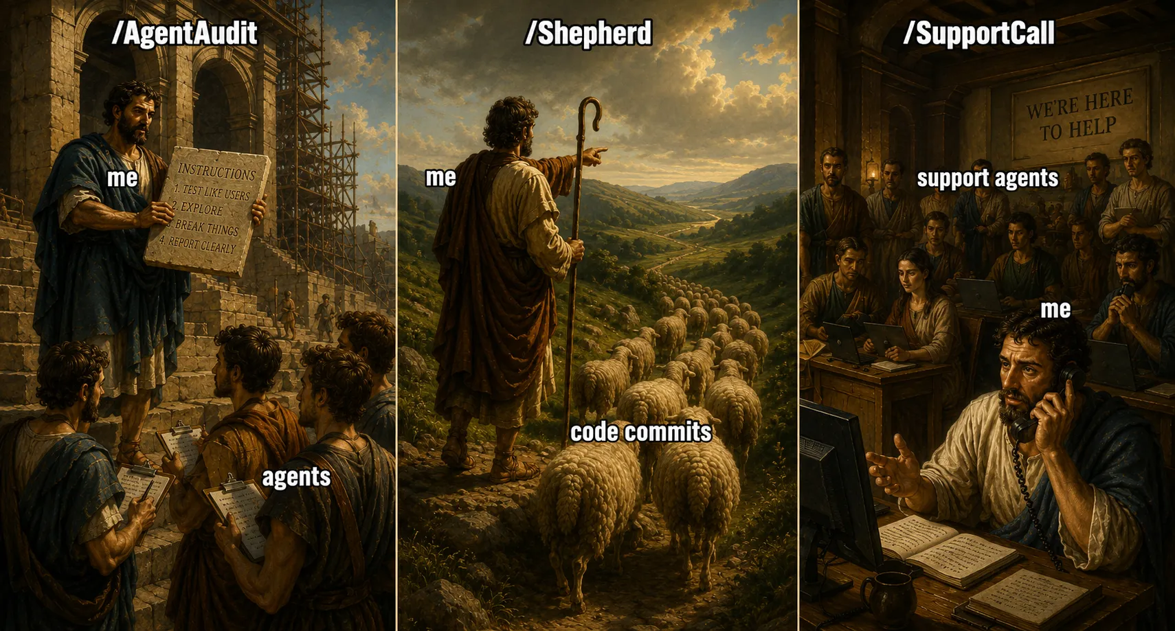 Three-panel classical painting parody labelled /AgentAudit, /Shepherd and /SupportCall: a robed figure hands a stone tablet of testing instructions to agents with clipboards, a shepherd guides a flock labelled code commits down a valley road, and a support desk takes calls beneath a sign reading we're here to help.