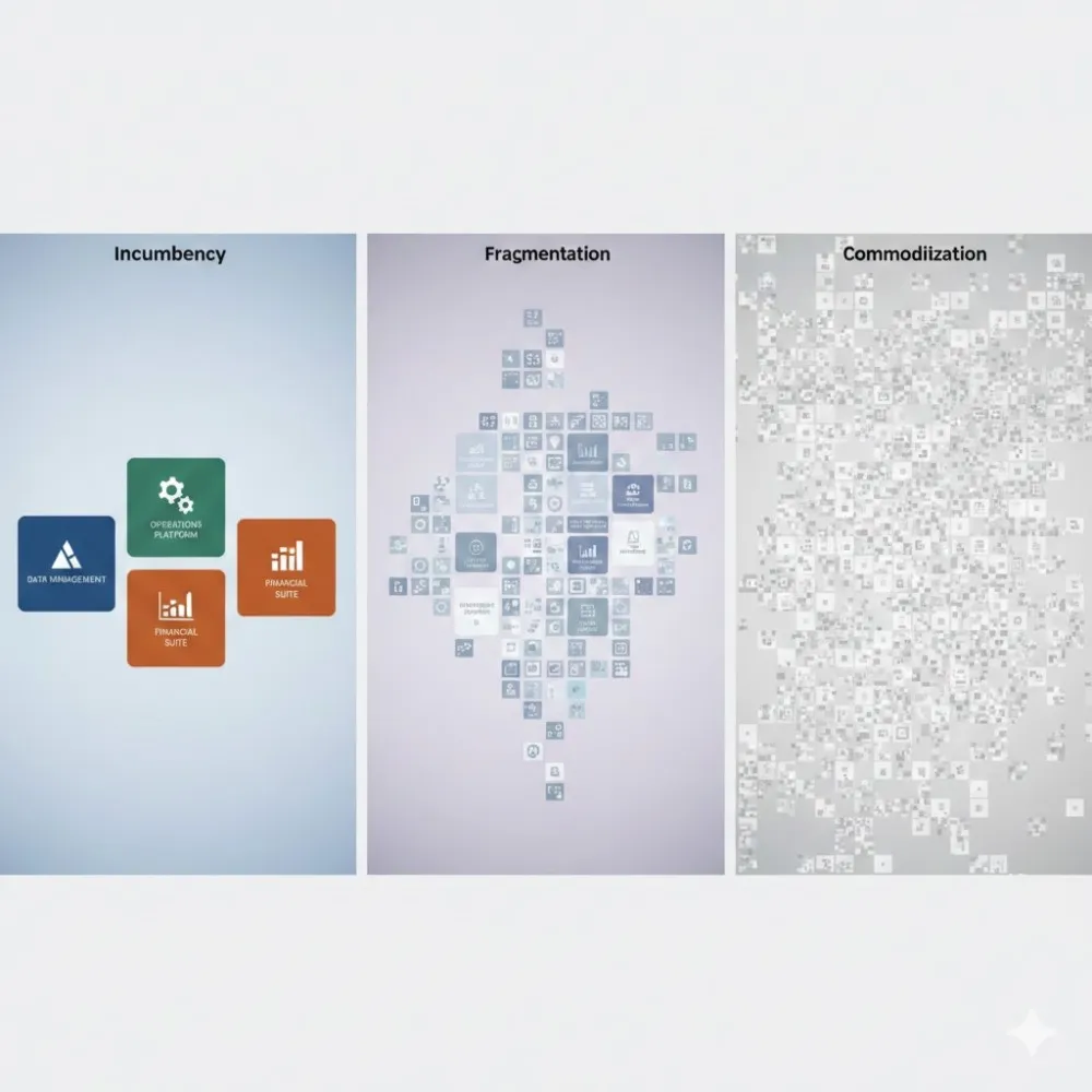 Three-panel illustration labelled Incumbency, Fragmentation and Commoditization: a handful of large platform tiles, then a scatter of dozens of smaller apps, then a dense wall of hundreds of faded tiles.